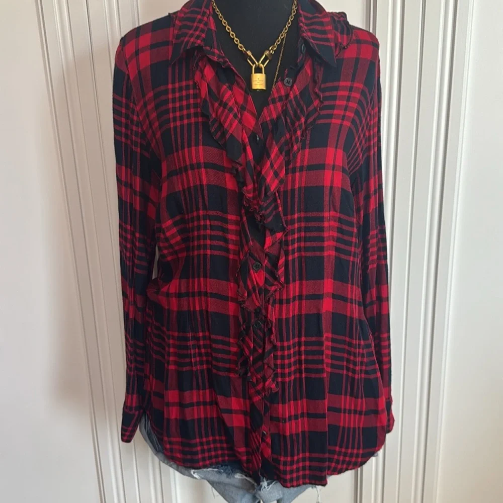 CAbi Red and Black Plaid Button Down Shirt Style 3335‎ - Picture 2 of 5
